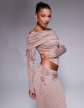 [ASOS DESIGN] ASOS DESIGN soft handle off shoulder ruched long sleeve top in mink-Purple XS Mink