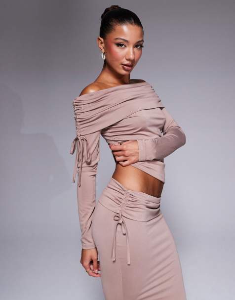 ASOS DESIGN soft handle off shoulder ruched long sleeve top in mink