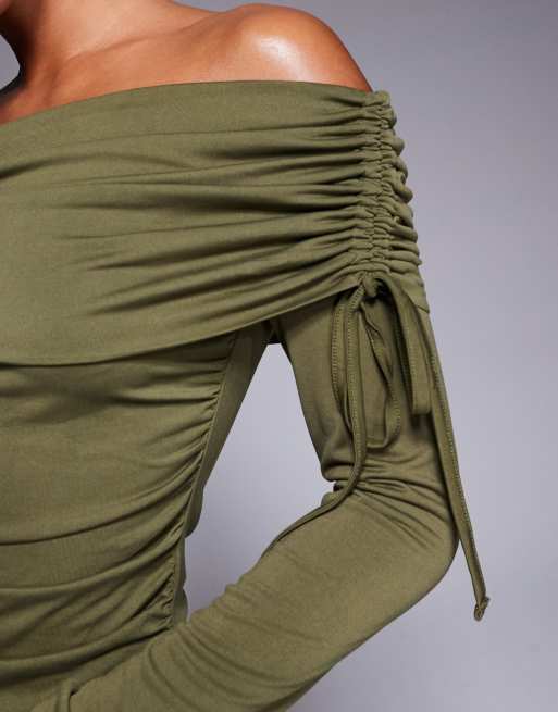 ASOS DESIGN soft handle off the shoulder ruched long sleeve top in olive