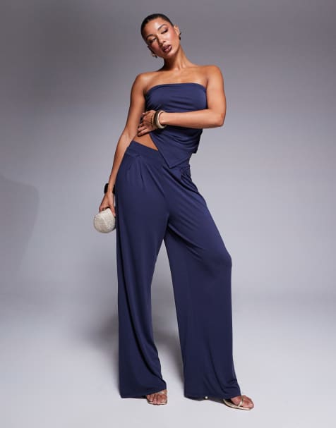 ASOS DESIGN soft handle pleated wide leg pants in ink - part of a set - view 1