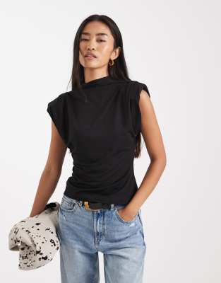 Asos Design Soft High Neck Top With Shoulder Pads In Black