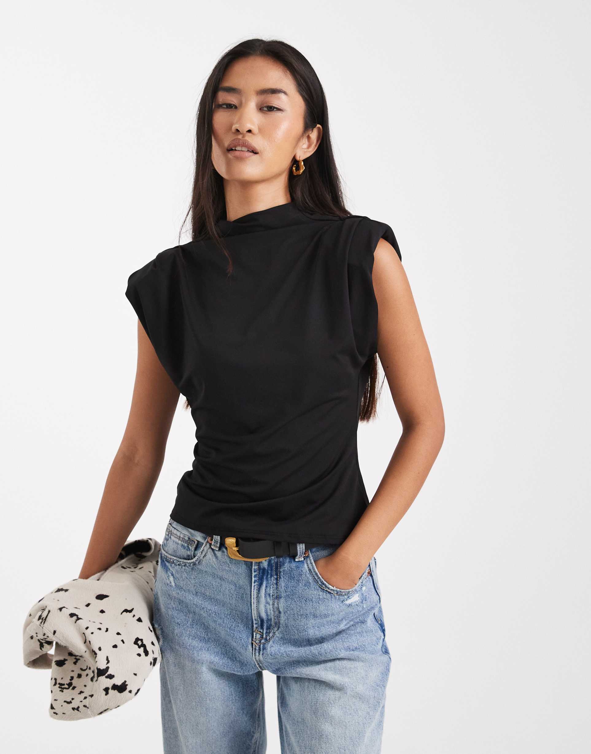 asos design soft high neck top with shoulder pads in black
