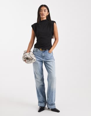 Asos Design Soft High Neck Top With Shoulder Pads In Black