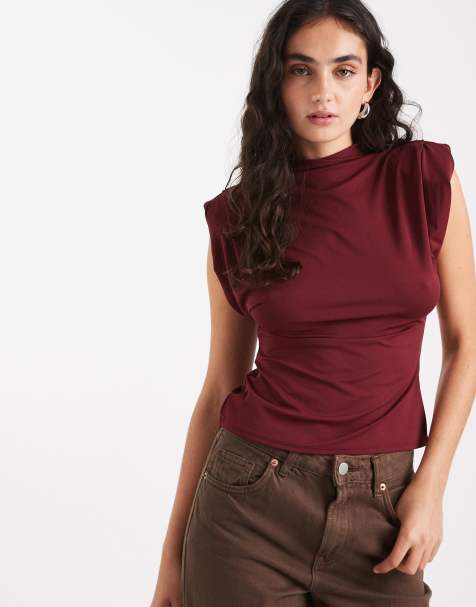 ASOS DESIGN soft high neck top with shoulder pads in burgundy - view 1