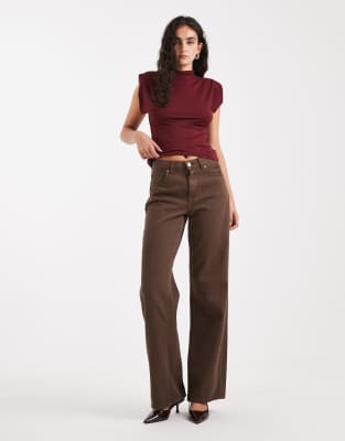 Asos Design Soft High Neck Top With Shoulder Pads In Burgundy