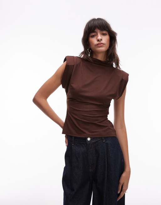 ASOS DESIGN soft high neck top with shoulder pads in chocolate
