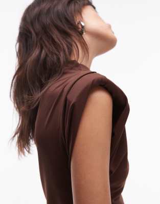 Asos Design Soft High Neck Top With Shoulder Pads In Brown