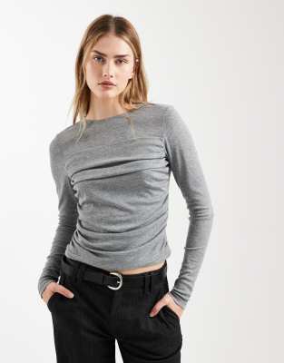 ASOS DESIGN soft jersey drape long sleeve top in grey marl - LGREY
