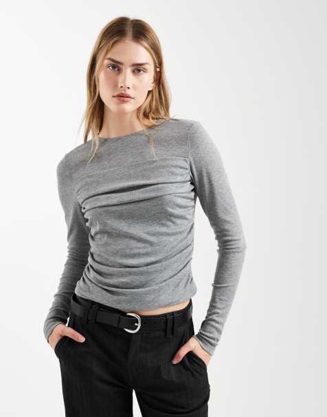 ASOS DESIGN soft jersey drape long sleeve top in grey marl - LGREY - view 1
