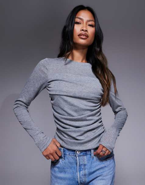 ASOS DESIGN soft jersey drape long sleeve top in grey marl - view 1