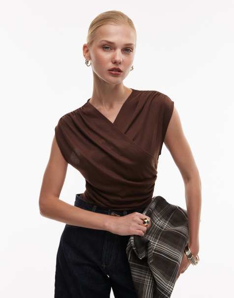 ASOS DESIGN soft jersey drape wrap bodysuit in chocolate - view 1