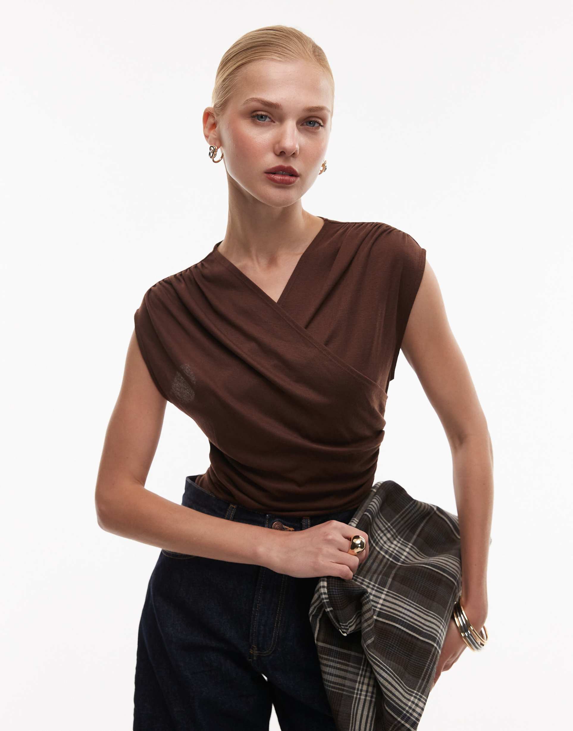 asos design soft jersey drape wrap bodysuit in chocolate