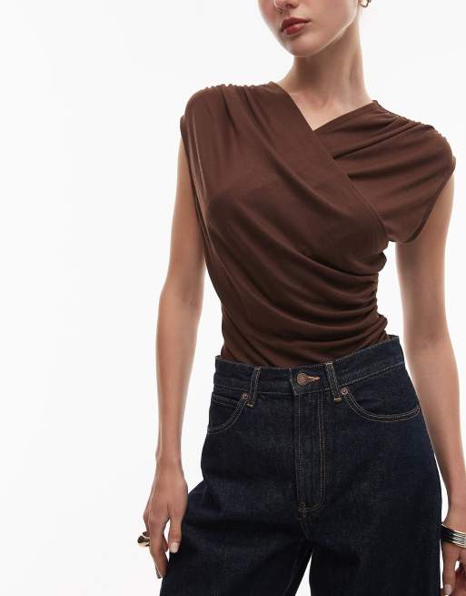 ASOS DESIGN soft jersey drape wrap bodysuit in chocolate, 4 of 4