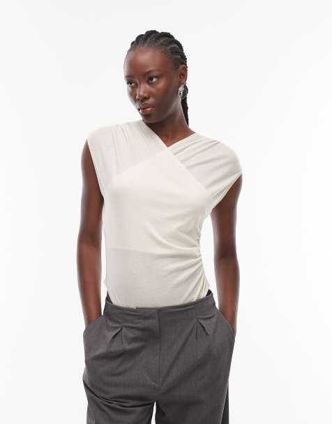 ASOS DESIGN soft jersey drape wrap bodysuit in cream - view 1