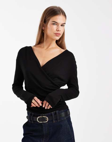 ASOS DESIGN soft jersey drape wrap long sleeve top in black - view 1