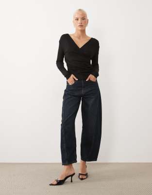 Asos Design Soft Jersey Drape Wrap Long Sleeve Top In Black