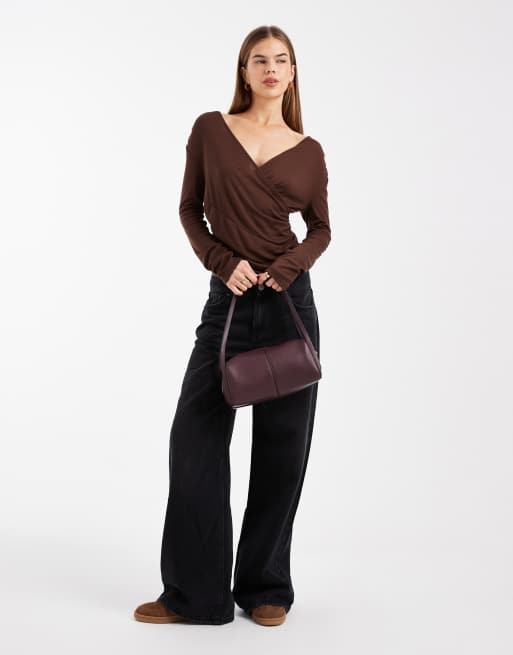 ASOS DESIGN soft jersey drape wrap long sleeve top in chocolate, 3 of 4