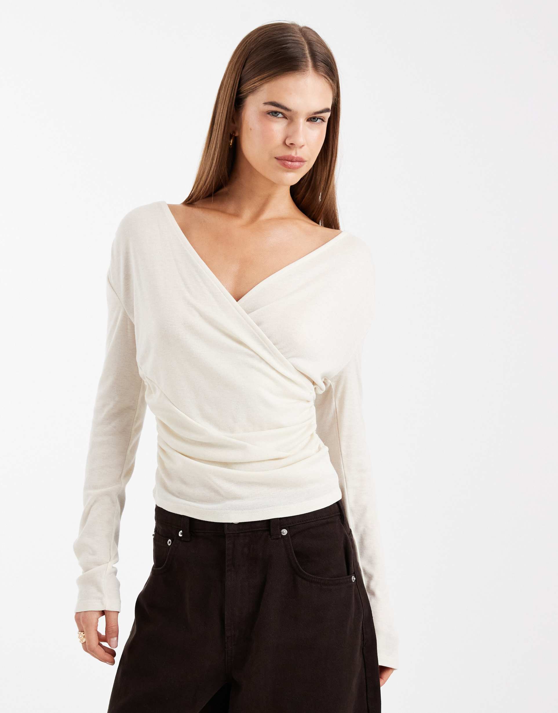 asos design soft jersey drape wrap long sleeve top in cream