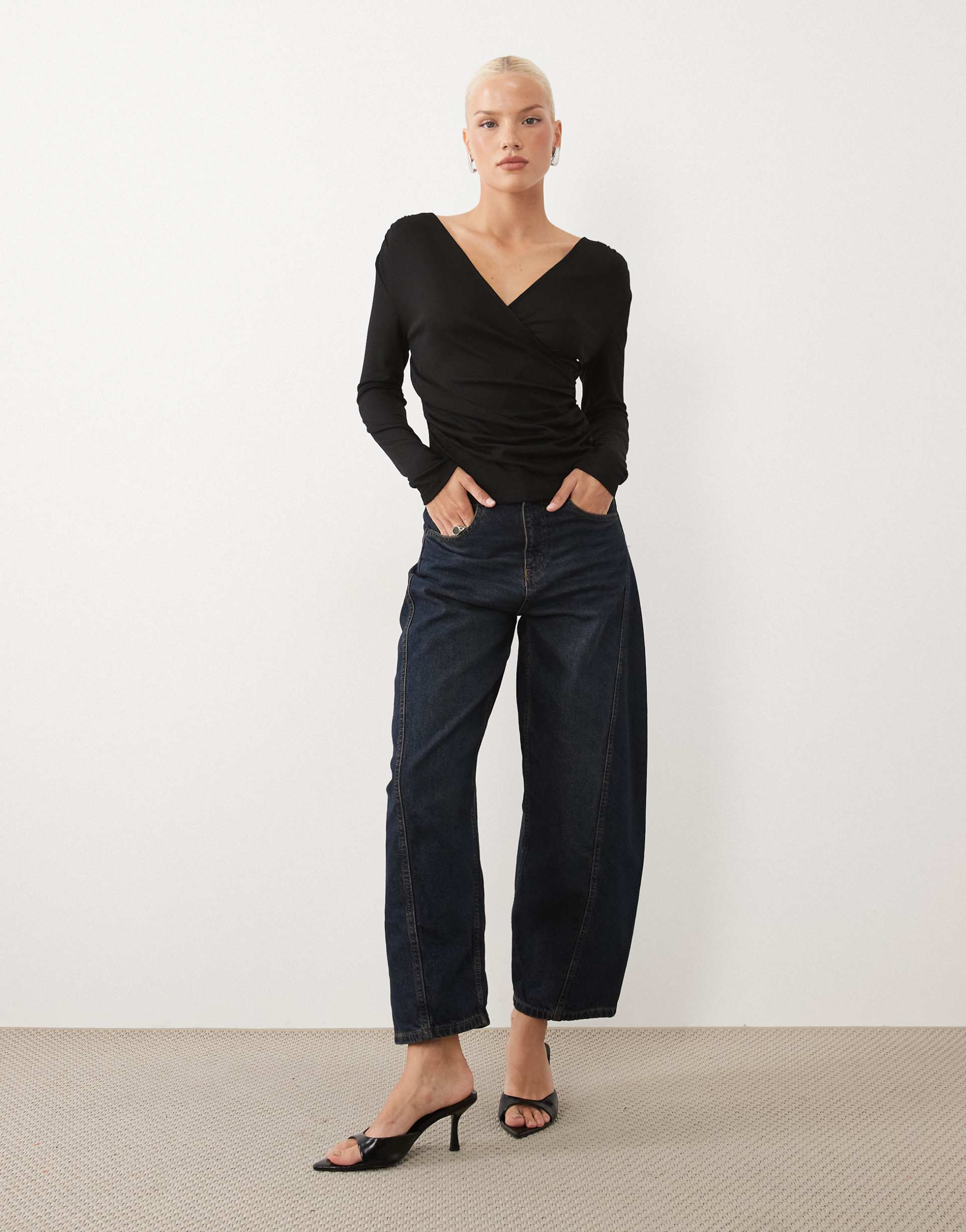 asos design soft jersey drape wrap long sleeve top in cream