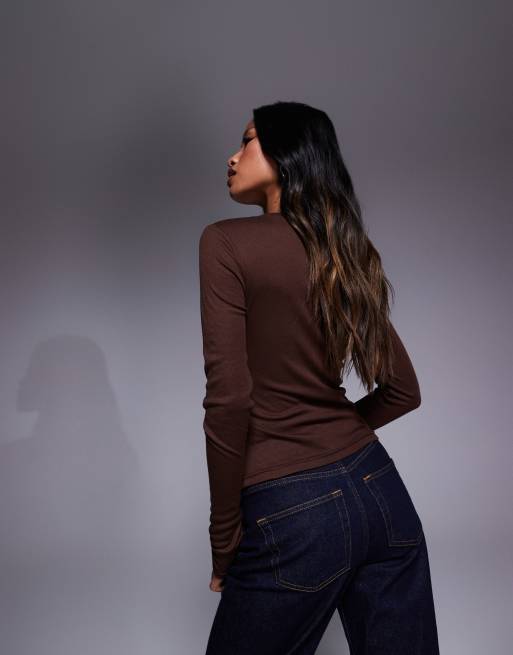 ASOS DESIGN soft jersey draped long sleeve top in chocolate, 2 of 4