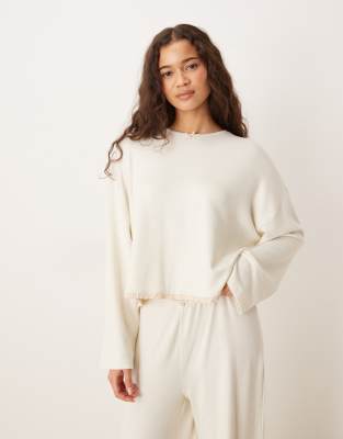 Asos Design Soft Jersey Long Sleeve Crew Neck Pajama Top With Floral Trim In Neutral