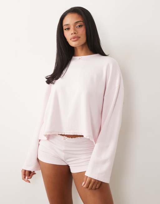 ASOS DESIGN soft jersey pyjama with floral trim in soft pink, 4 of 5