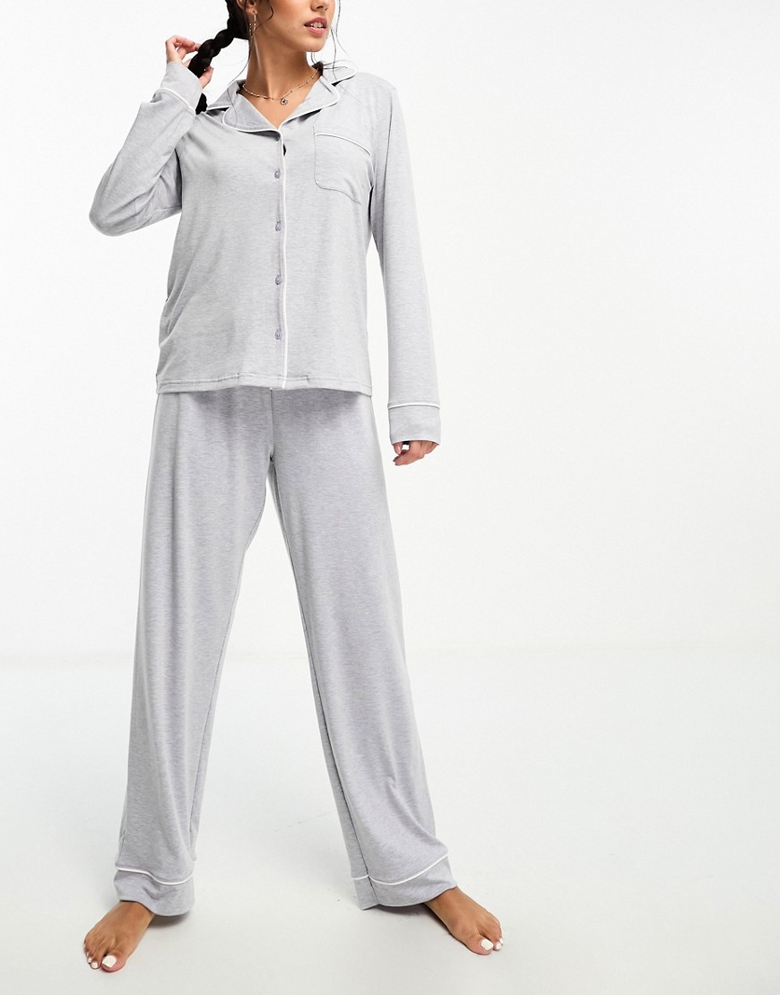 Asos Design Soft Jersey Long Sleeve Shirt & Pants Pajama Set With Contrast Piping In Heather Gray