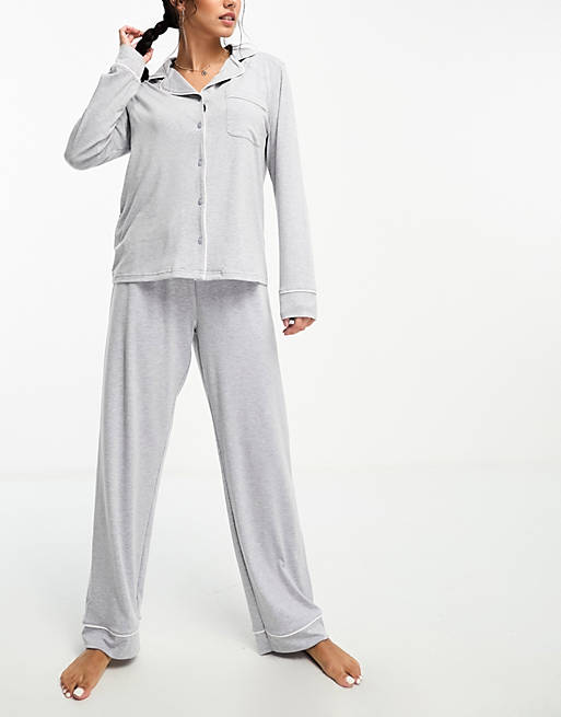 ASOS DESIGN soft jersey long sleeve shirt & pants pajama set with contrast  piping in heather gray | ASOS