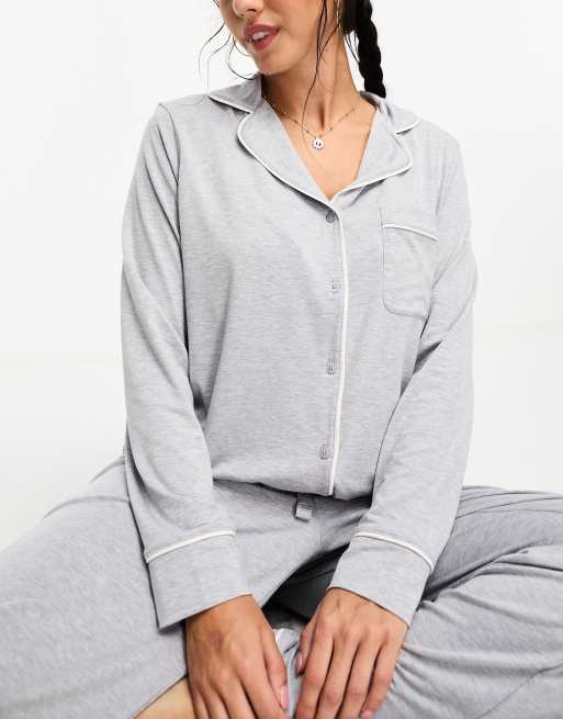 ASOS DESIGN Tall soft jersey long sleeve shirt & pants pajama set with  contrast piping in gray heather