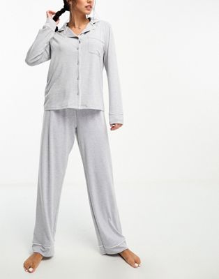 ASOS DESIGN soft jersey long sleeve shirt & trouser pyjama set with contrast piping in grey marl