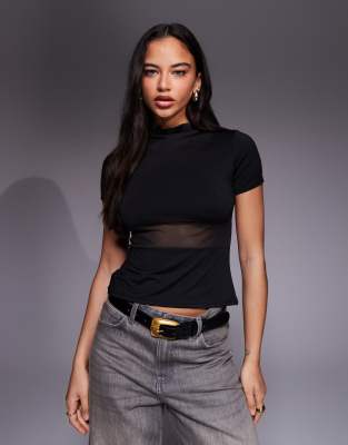 Asos Design Soft Jersey Top With Mesh Waist Detail In Black