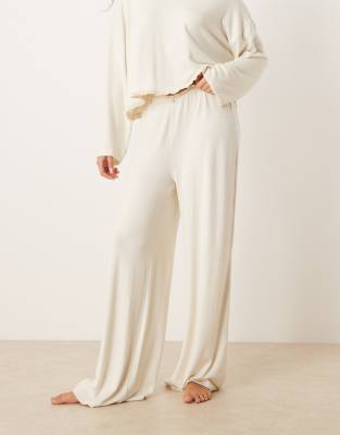 Asos Design Soft Jersey Wide Leg Pajama Pants With Floral Trim In Neutral