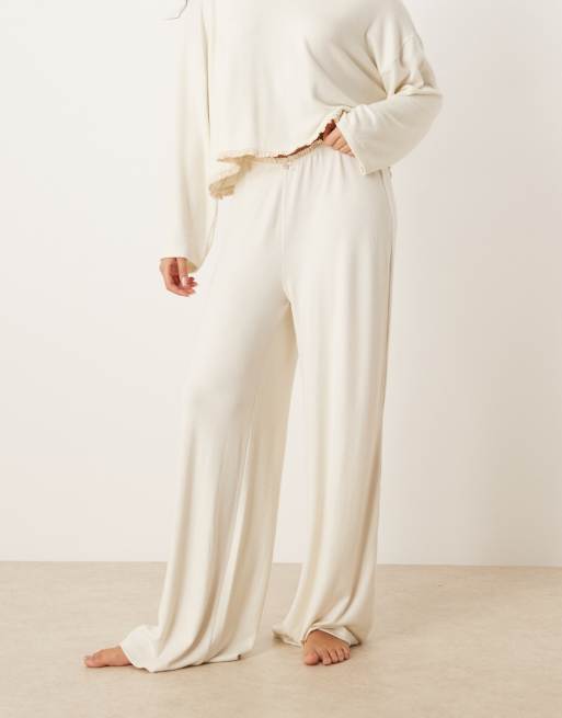 ASOS DESIGN soft jersey wide leg pajama pants with floral trim in cream, 2 of 4
