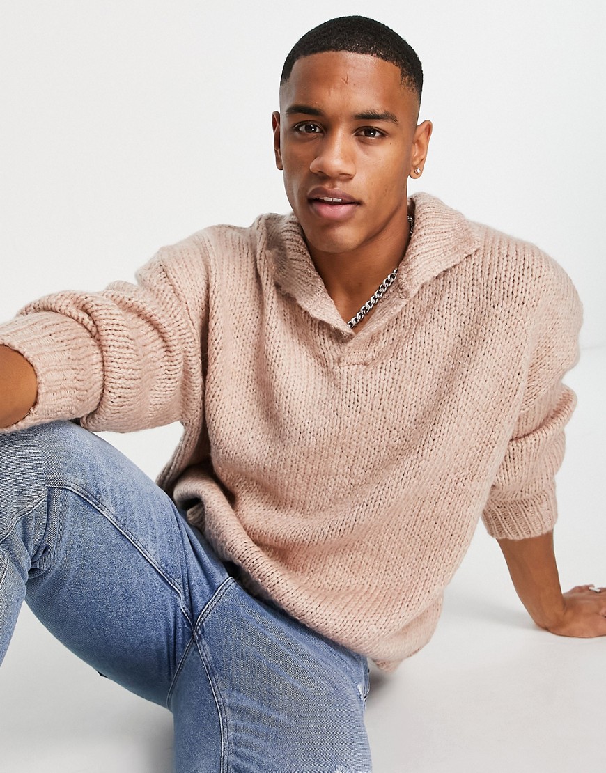 ASOS DESIGN soft knit revere sweater in peach-Pink