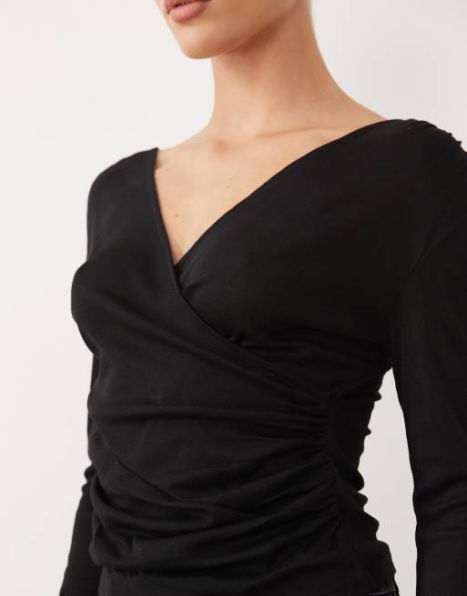 ASOS DESIGN soft lightweight jersey drape wrap long sleeve top in black, 3 of 4