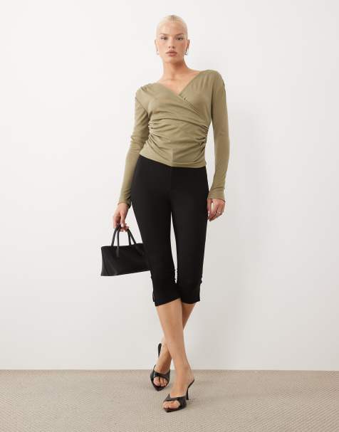 ASOS DESIGN soft lightweight jersey drape wrap long sleeve top in olive green - view 1