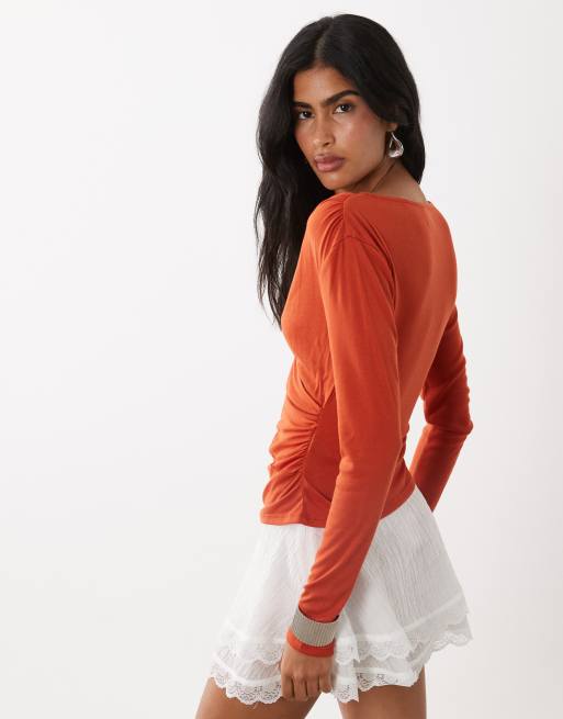 ASOS DESIGN soft lightweight jersey drape wrap long sleeve top in rust red, 4 of 4