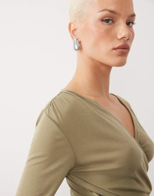 ASOS DESIGN soft lightweight jersey draped wrap long sleeve top in olive green, 3 of 4