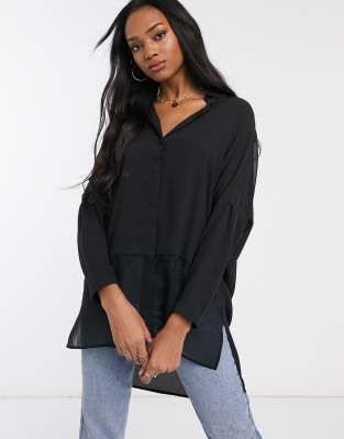 ASOS DESIGN soft long sleeve shirt in sheer and solid in black