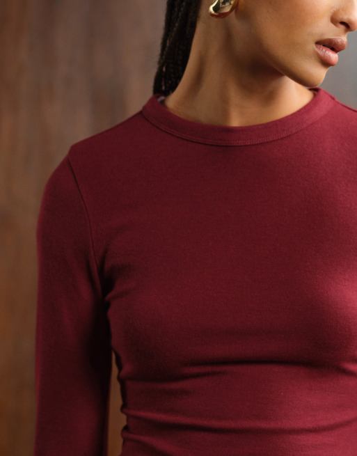 ASOS DESIGN soft long sleeve shrunken tee in burgundy