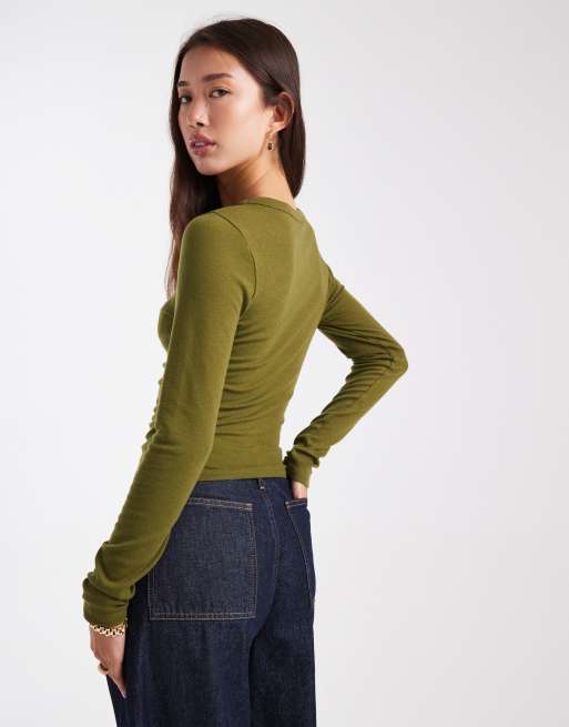 ASOS DESIGN soft long sleeve shrunken tee in khaki green