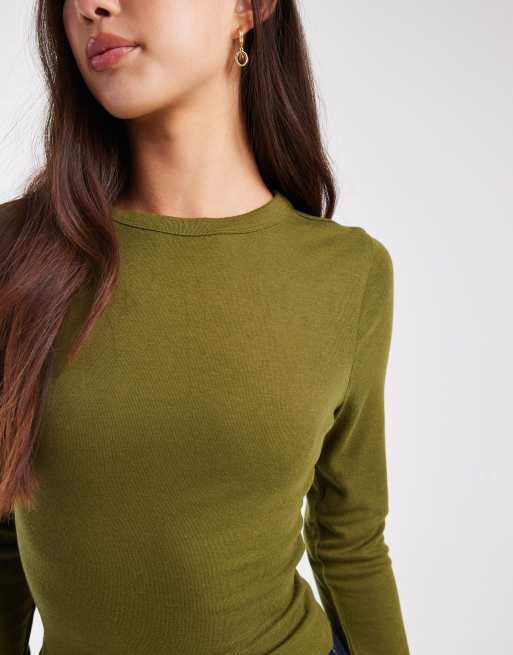ASOS DESIGN soft long sleeve shrunken tee in khaki green