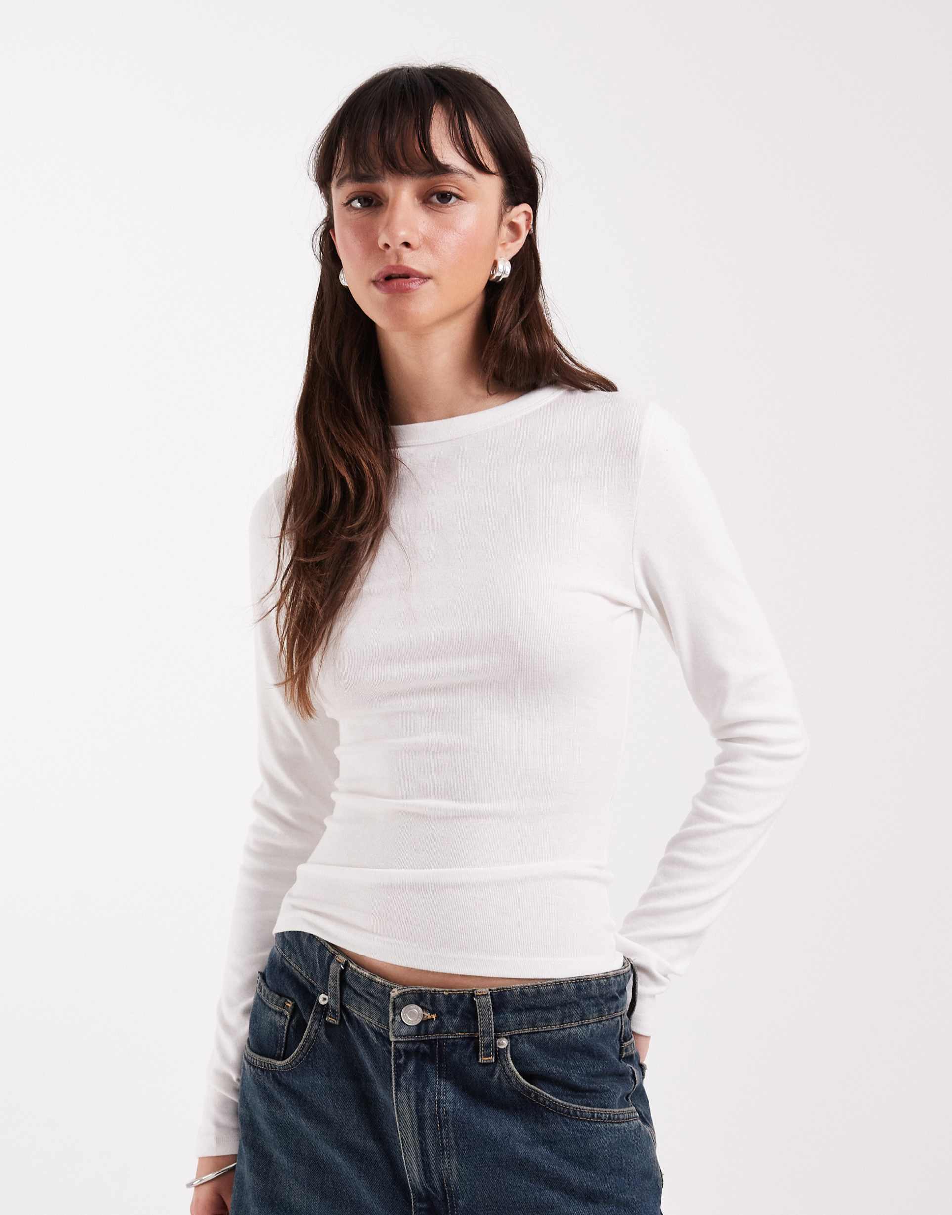 asos design soft longline long sleeve shrunken tee in cream