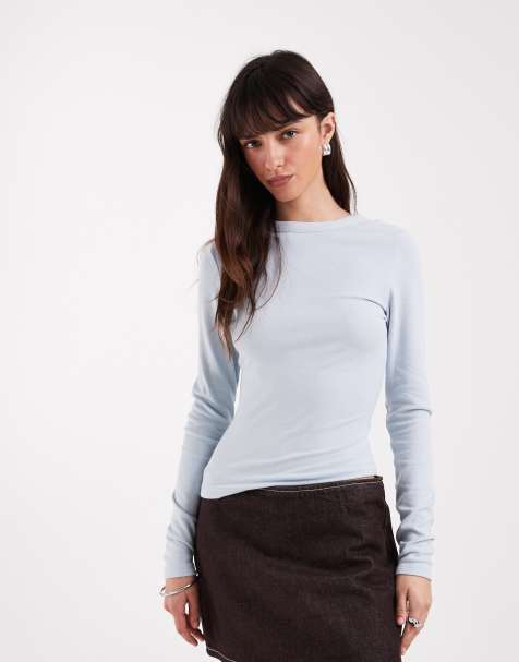 ASOS DESIGN soft longline long sleeve shrunken tee in light blue