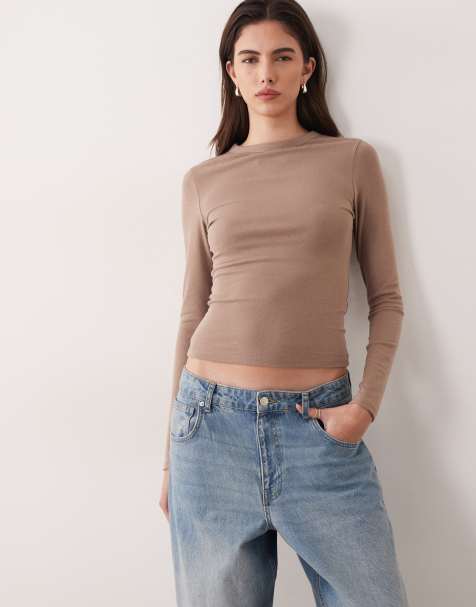 ASOS DESIGN soft longline long sleeve shrunken tee in mocha - view 1