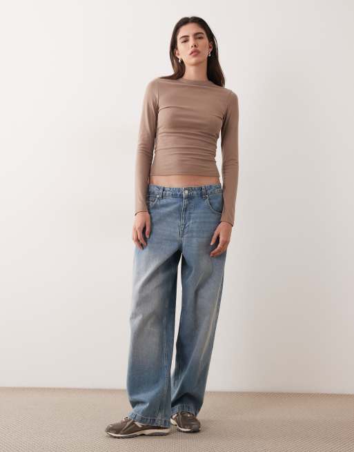 ASOS DESIGN soft longline long sleeve shrunken tee in mocha, 2 of 4