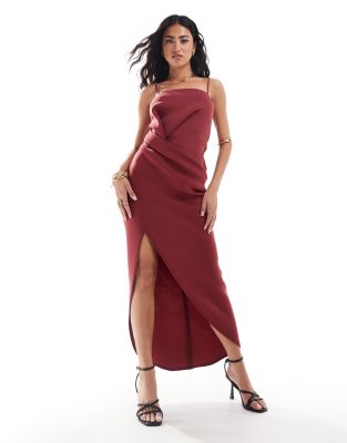 Asos Design Soft Manipulated Square Neck Cami Midi Dress With Wrap Skirt In Dark Red-pink