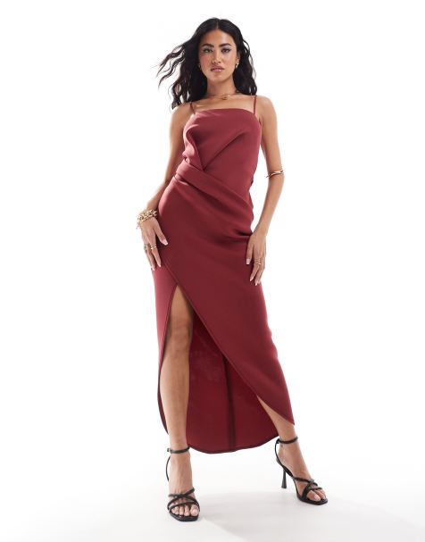 ASOS DESIGN soft manipulated square neck cami midi dress with wrap skirt in dark red - view 1
