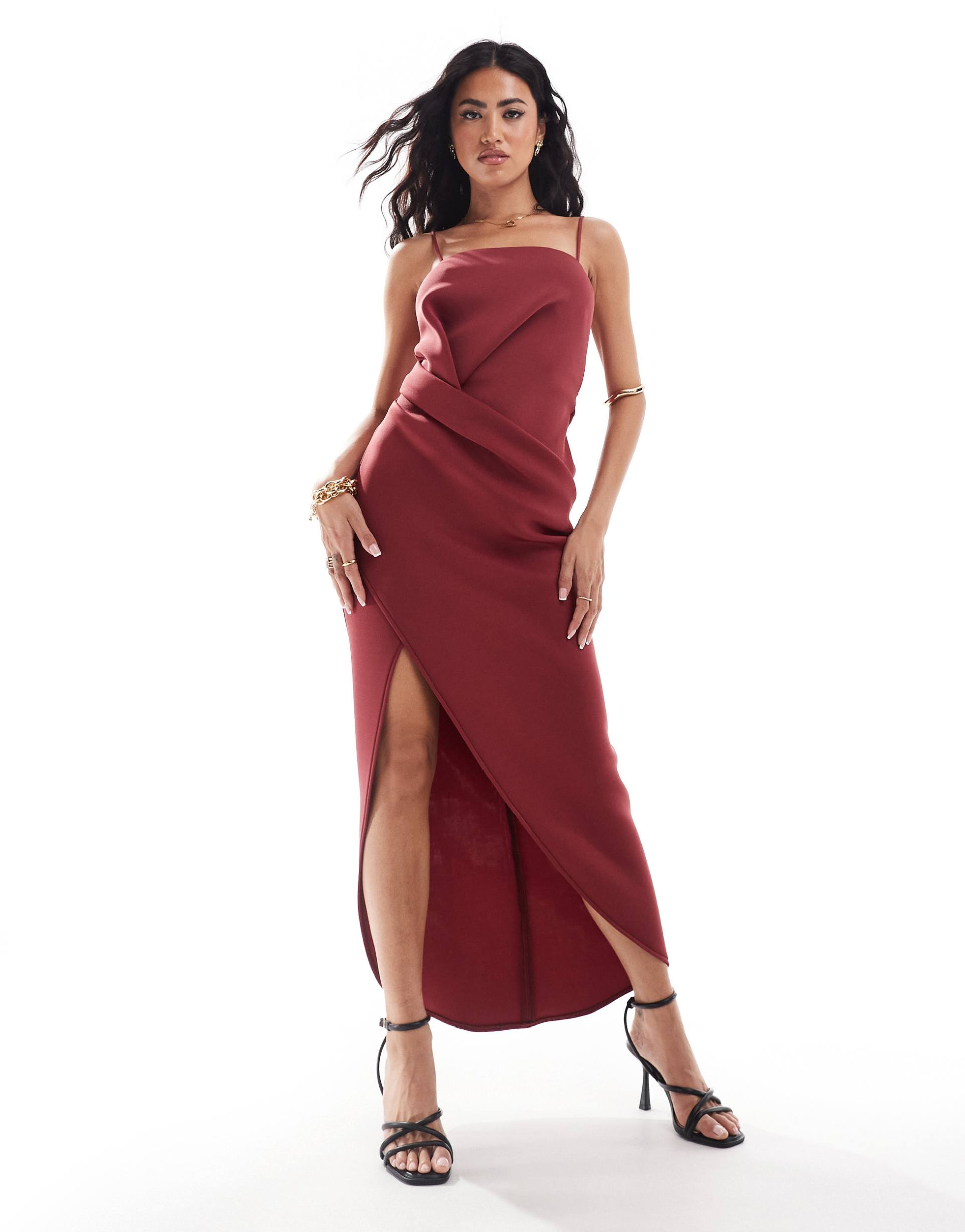 asos design soft manipulated square neck cami midi dress with wrap skirt in dark red