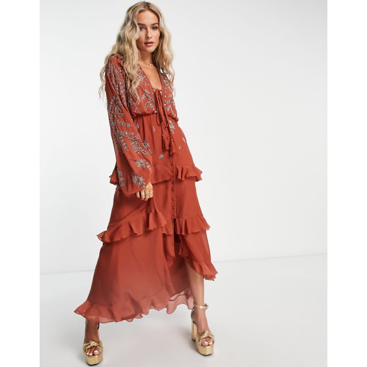 ASOS DESIGN soft maxi dress with button front and trailing floral  embellishment in rust